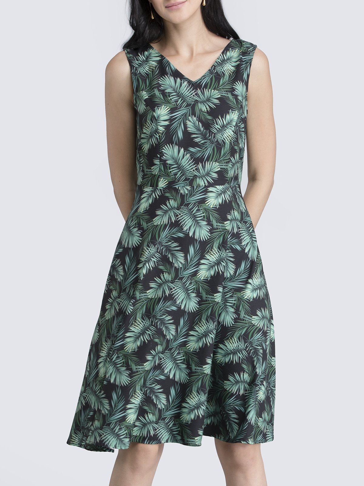 Leaf Print Fit & Flare Dress - Green