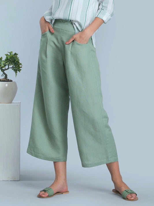 Linen Pleated Culottes With Elastic - Green