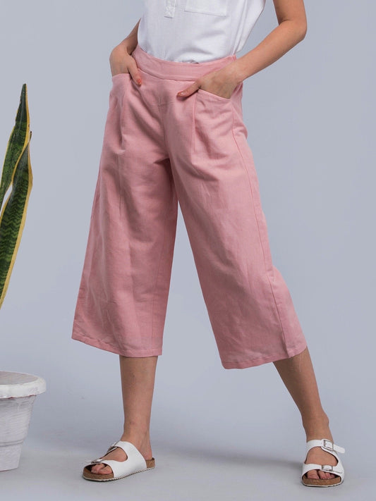 Linen Pleated Culottes With Elastic - Pink