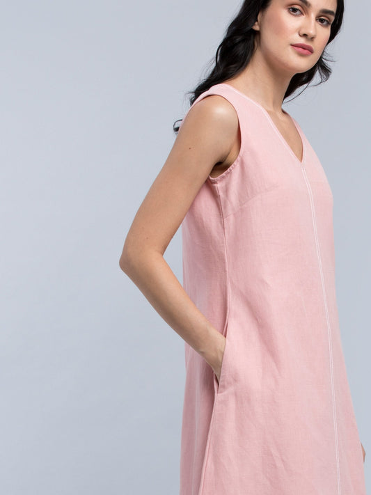 Linen Stitch Detail A Line Dress - Pink
