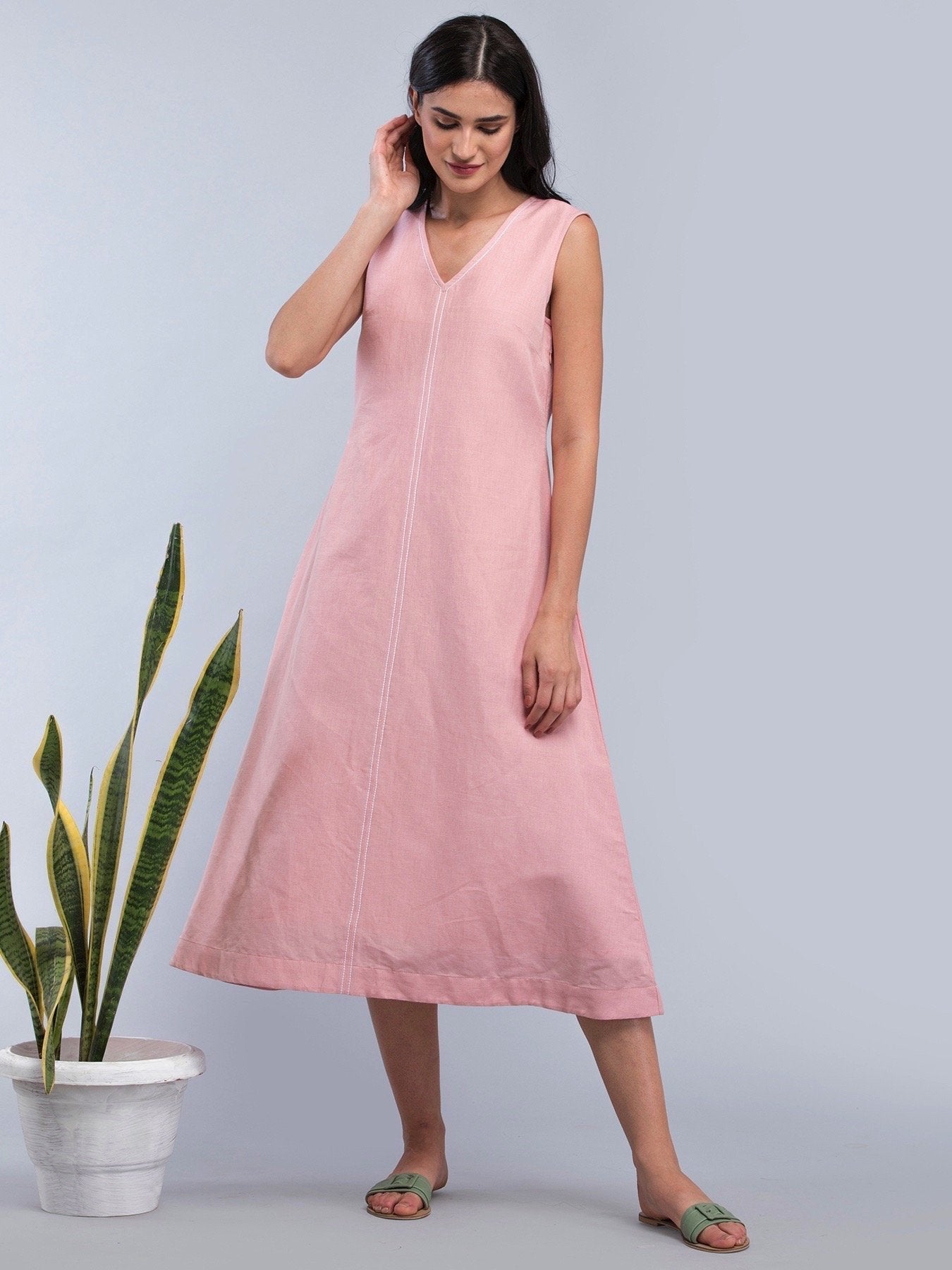 Linen Stitch Detail A Line Dress - Pink