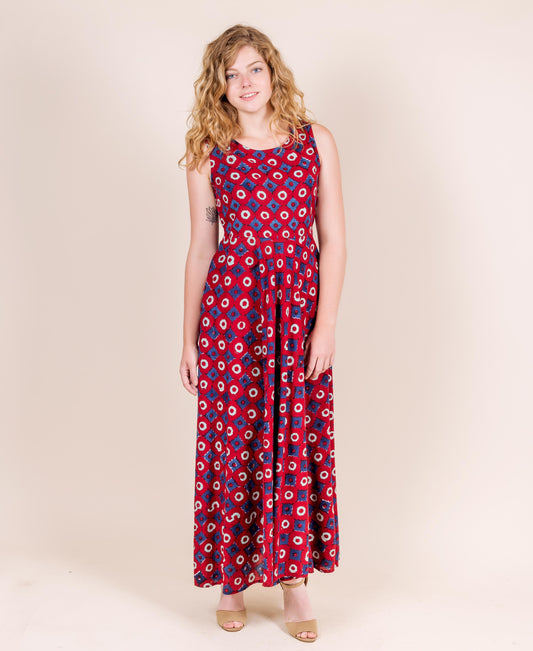 Red/Blue/Aqua Sleeveless Hand Block Print Flare Dress