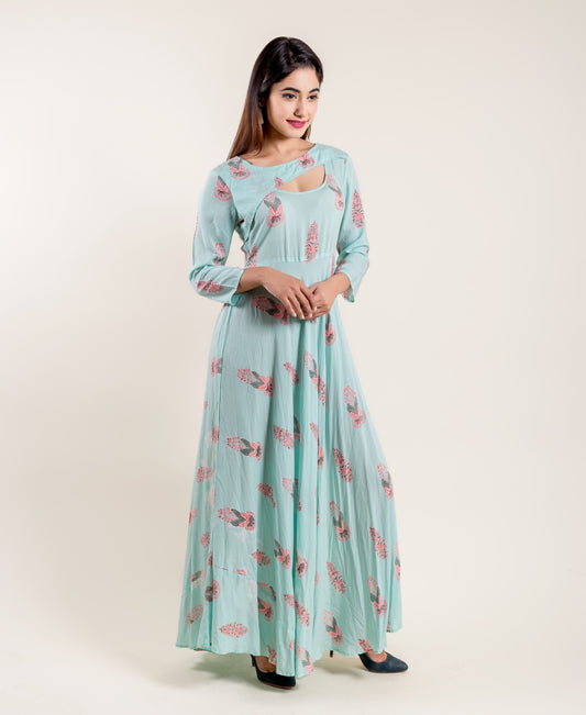 Aqua Pink Flared Floor Length Indo Western Floor Length Dress