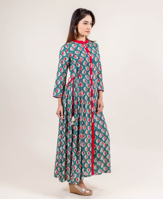 Dazzling Tasseled Front Open Block Printed Long Designer Dress