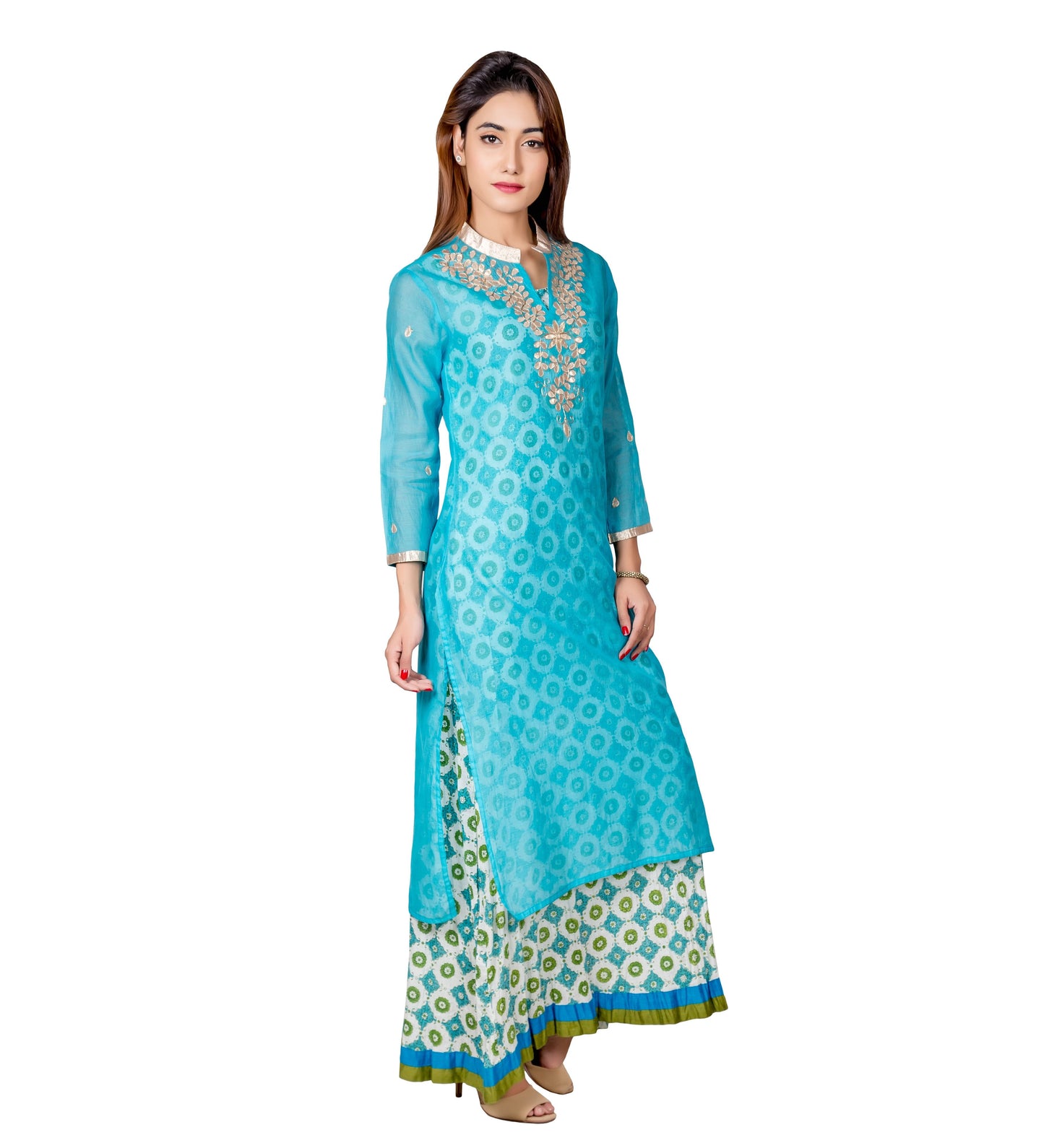 Blue & White Embroidered Indo Western Chanderi Jacket Dress