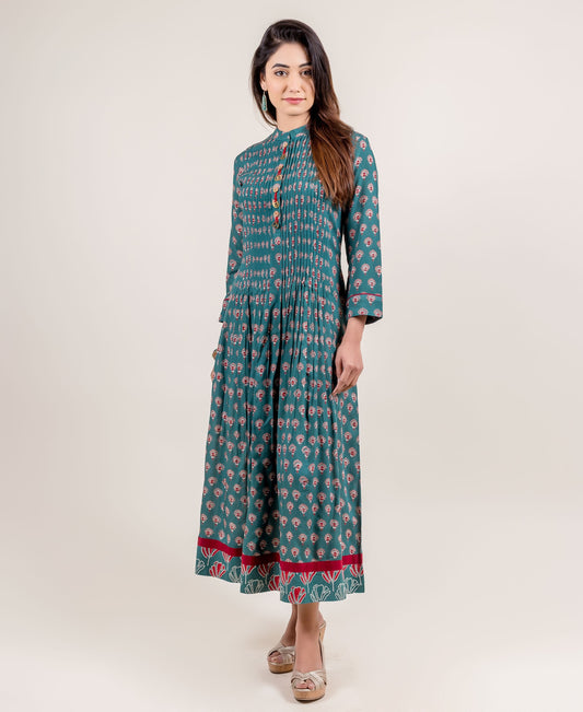 Hand Block Printed Long Teal Dress with Open Pintuck
