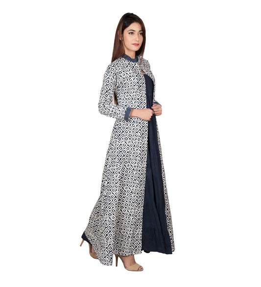 Blue & White Hand Block Printed Indo Western Long Jacket Dress