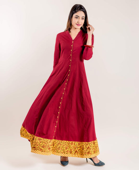 Red Hand Block Printed Floor Length Flared Princess Gown