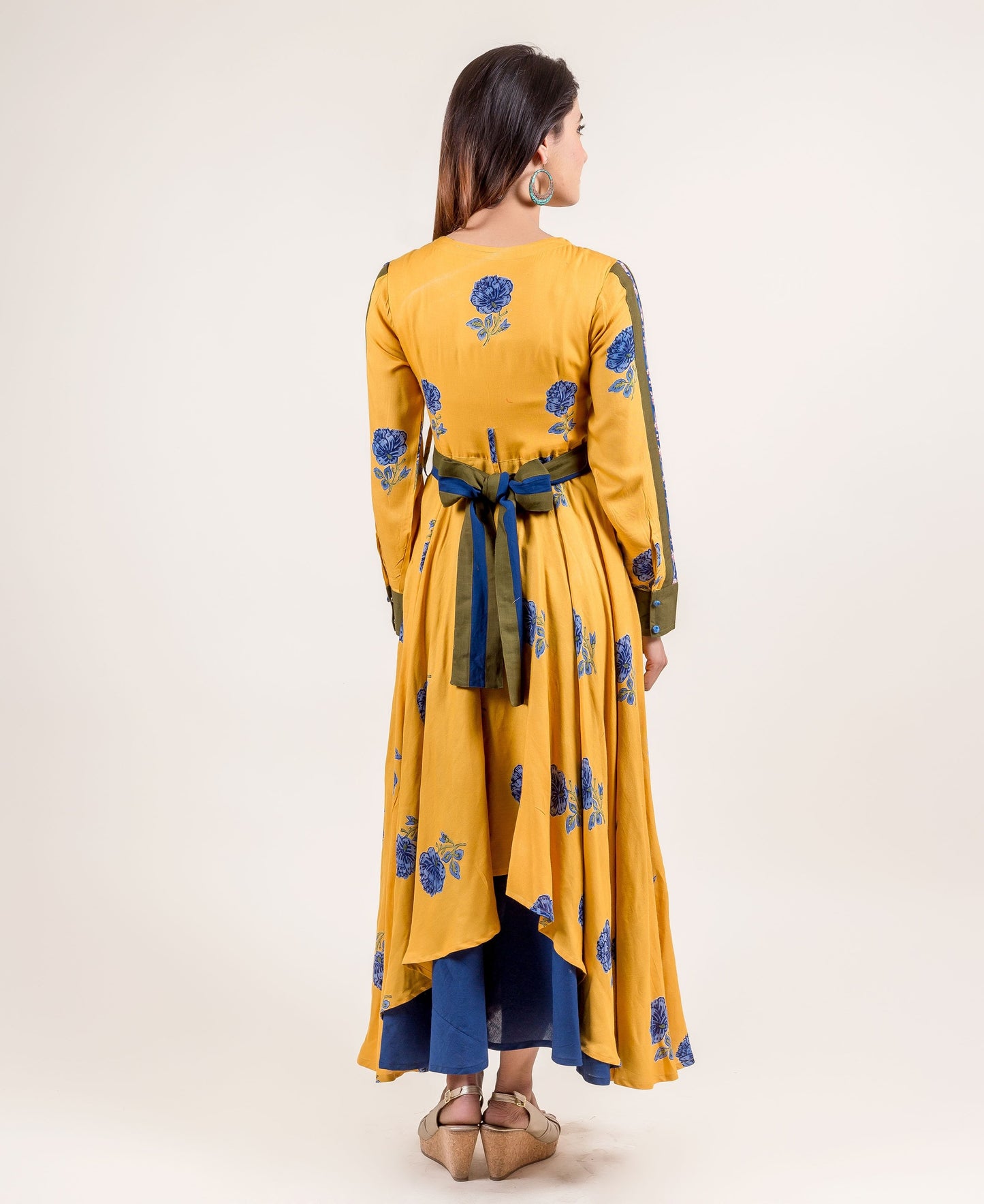 Opulent Yellow Asymmetrical Block Printed Long Gown Dress