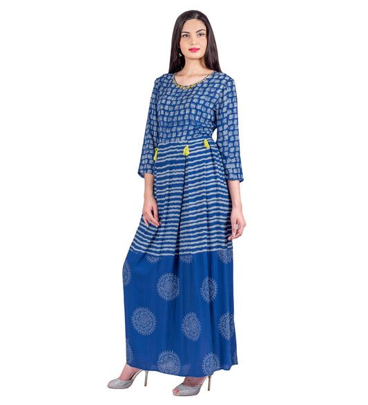 Indigo Pleated Hand Block Print Indo Western Dress with Waist Tassels