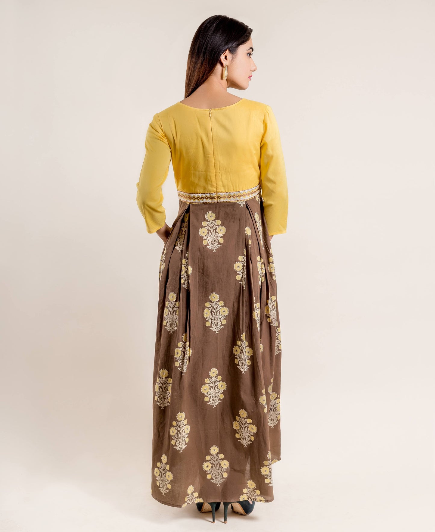 Brown Gold Hand Block Printed Indo Western Dress