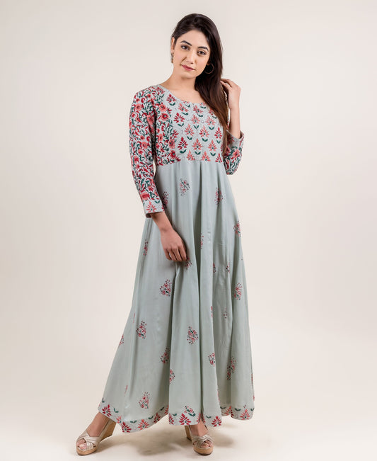 Ravishing Rayon Anarkali Long Dress in Mint