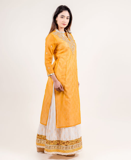 Yellow Hand Block Printed Floor Length Indo Wetern Dress