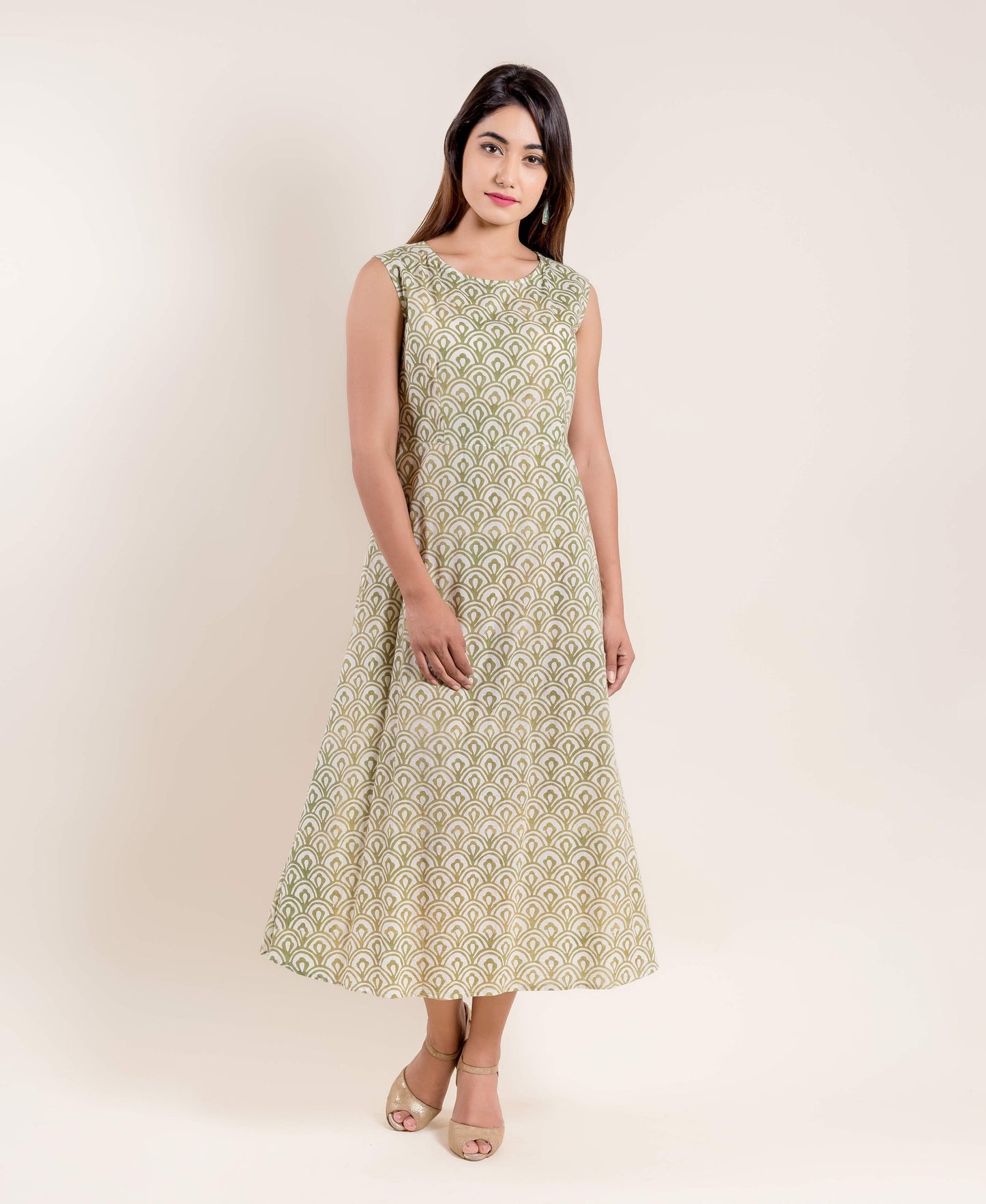 Fern Green Hand Block Printed Indo Western Dress With Detachable Chanderi Jacket