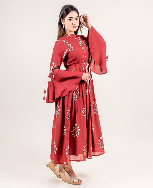 Classy Tasseled Long Dress With Hand Block Prints