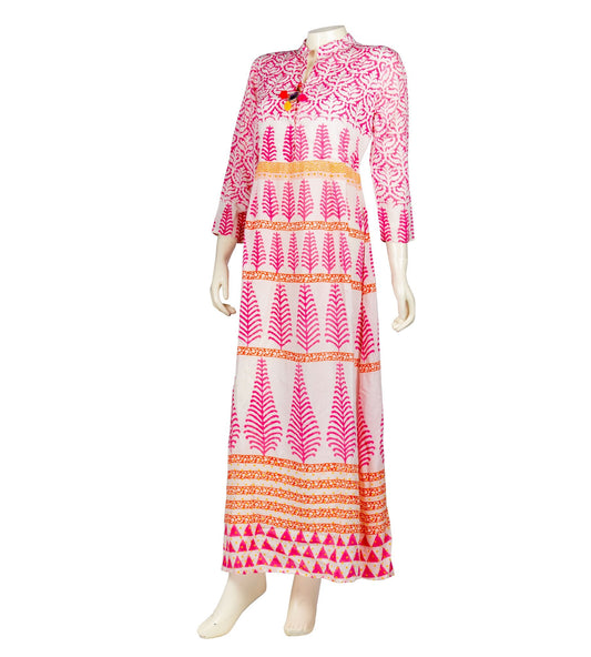 Modal Cotton Shift Line Long Tunic Tassel Front Mandarin Dress