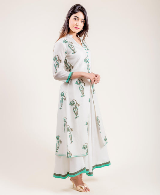 Floral Printed Ivory Chanderi Layered Long Dress