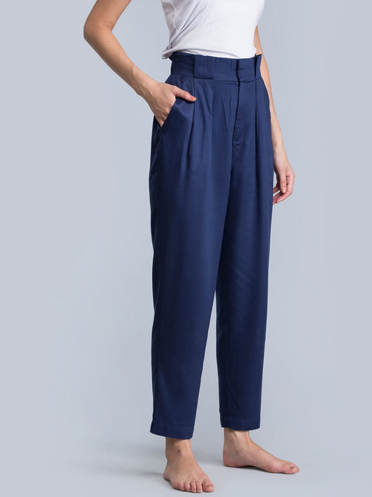 Paperbag High Waist Peg Pants - Navy