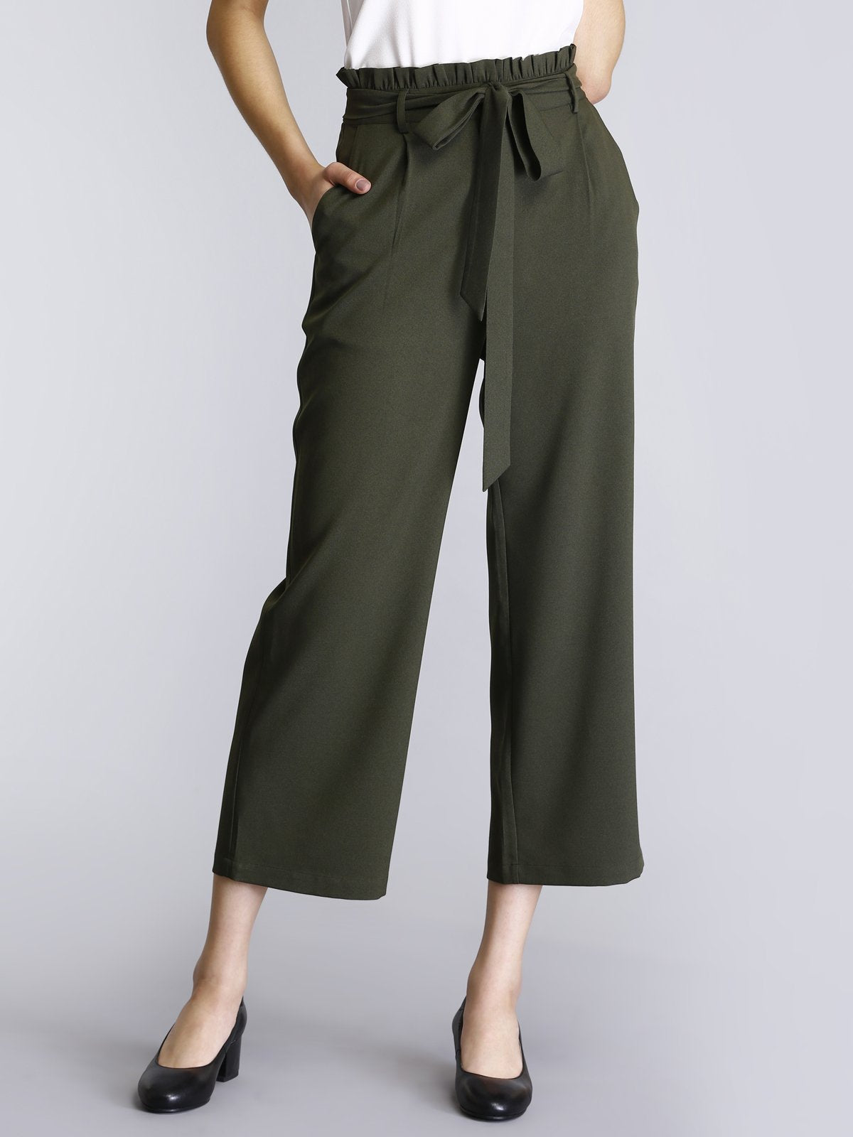 Paperbag Waist Tie Up Pants - Olive