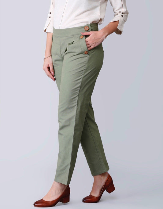 Pleated Linen Cropped Pants - Dusty Green