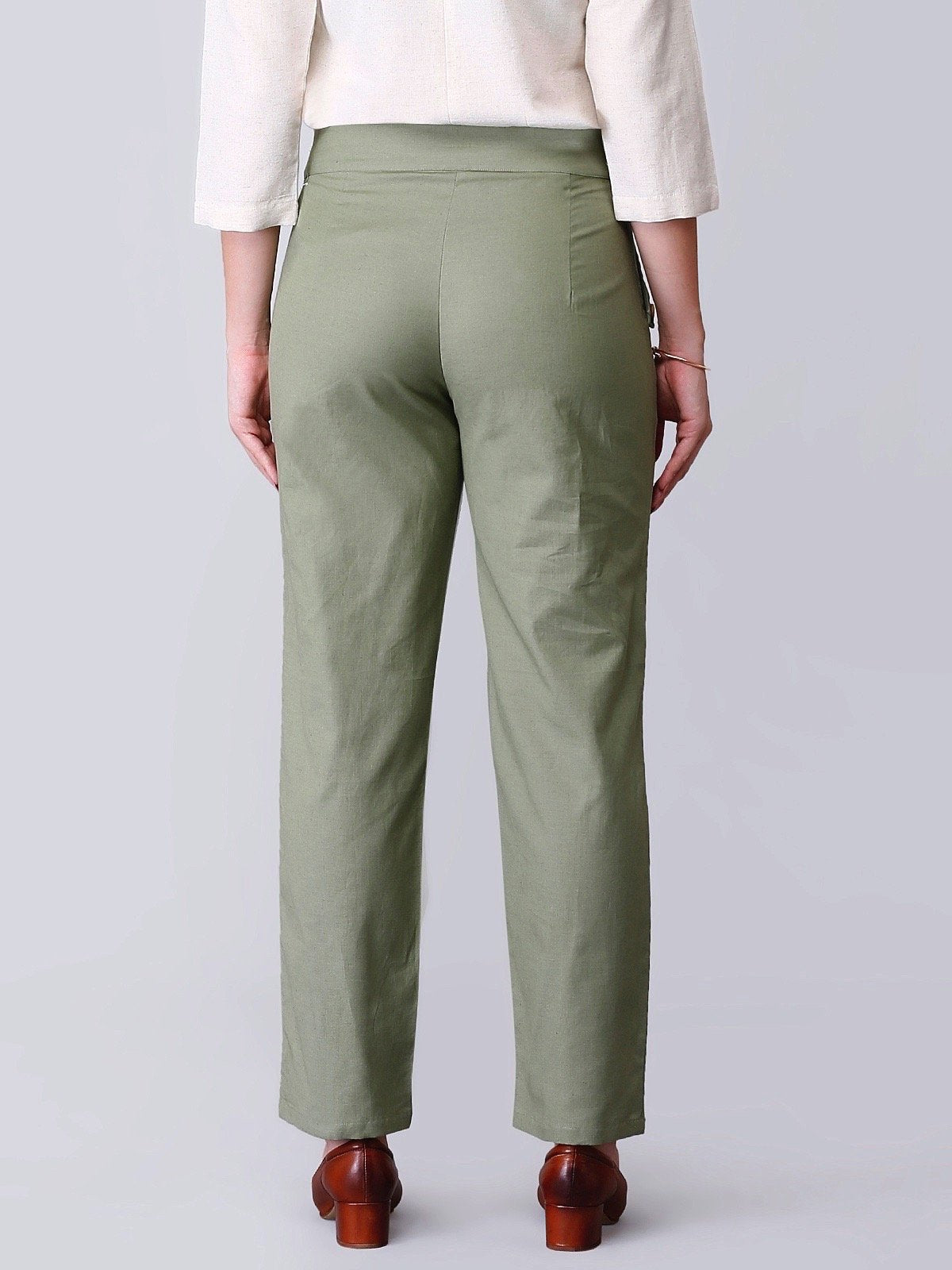 Pleated Linen Cropped Pants - Dusty Green