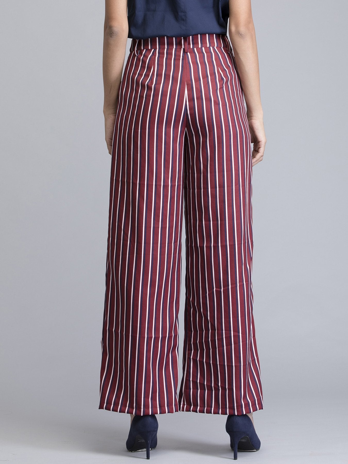 Pleated Striped Straight Fit Pants - Maroon