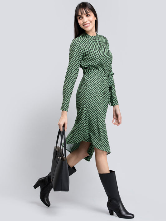 Polka Dot Tie Up Asymmetric Dress - Green and Black