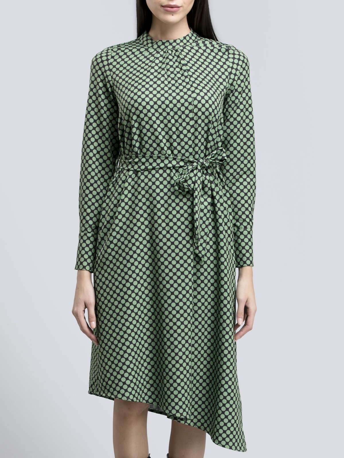 Polka Dot Tie Up Asymmetric Dress - Green and Black
