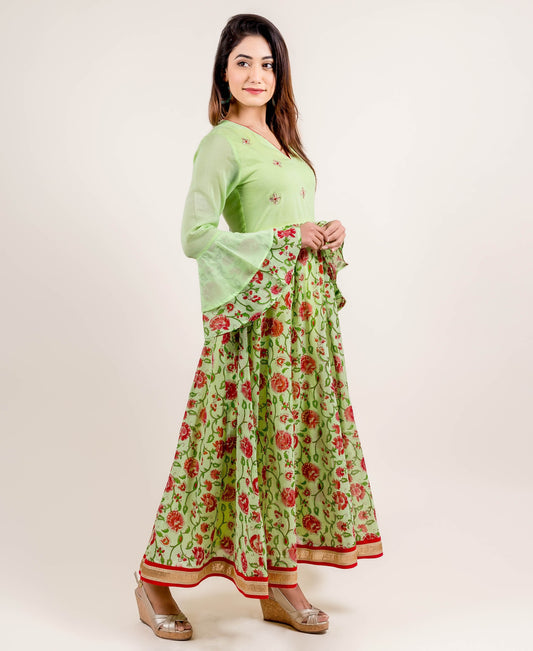 Elegant Embroidered Long Bell Sleeves Anarkali Dress