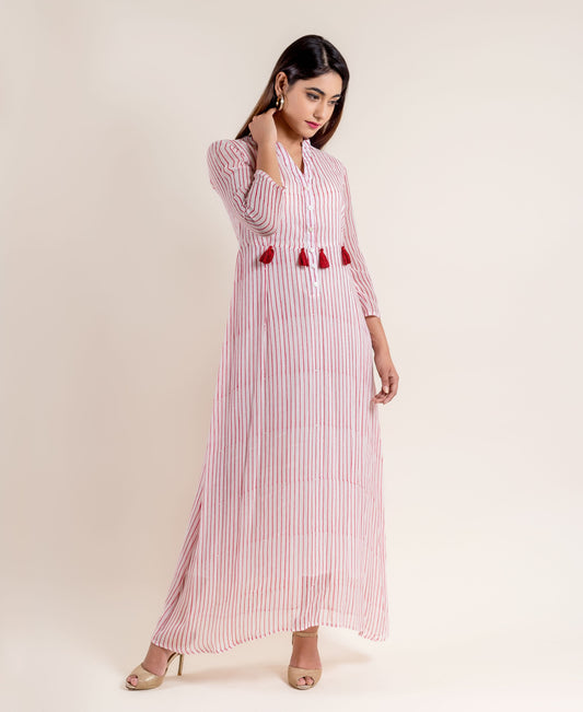 White / Red Hand Block Printed Georgette Indo Western Full Length Dress