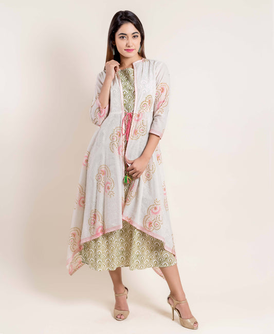 Fern Green Hand Block Printed Indo Western Dress With Detachable Chanderi Jacket