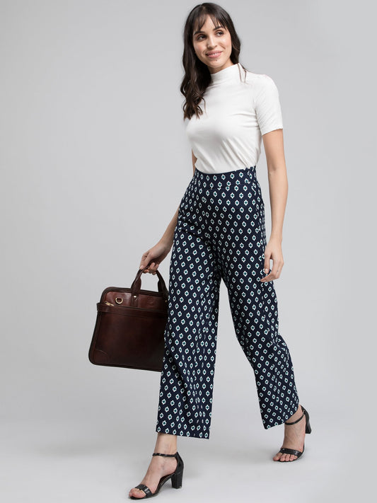 Printed Wide Leg Pants - Navy and White
