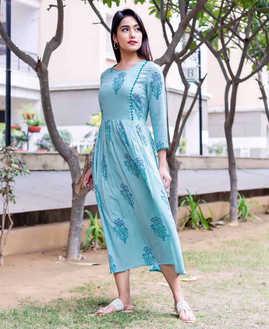 Blue Calf Length Flared Block Printed Dress