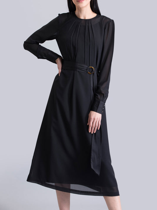 Round Neck Belted A Line Dress - Black