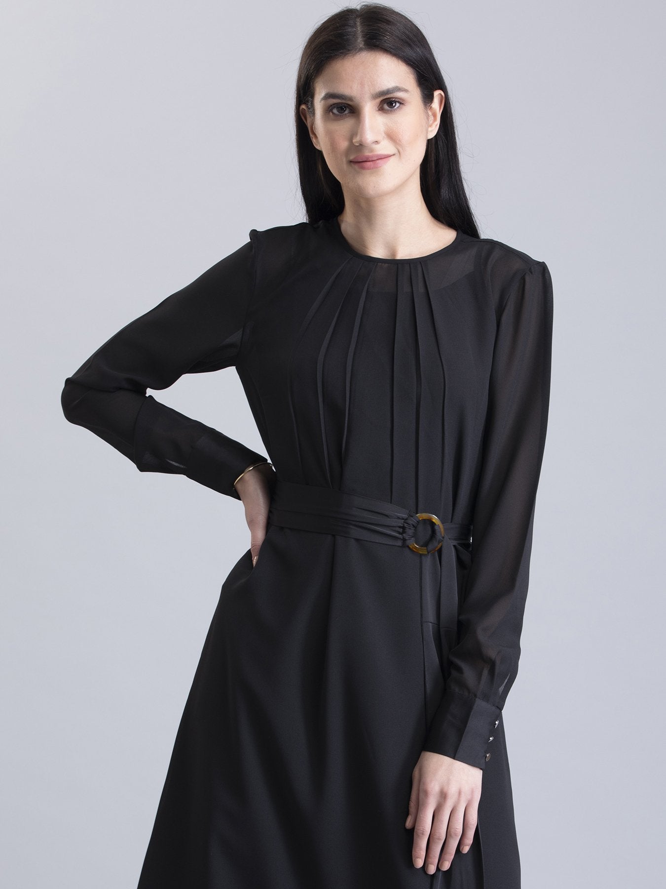 Round Neck Belted A Line Dress - Black