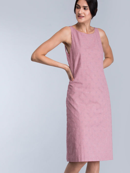 Round Neck Check A Line Dress - Red and White