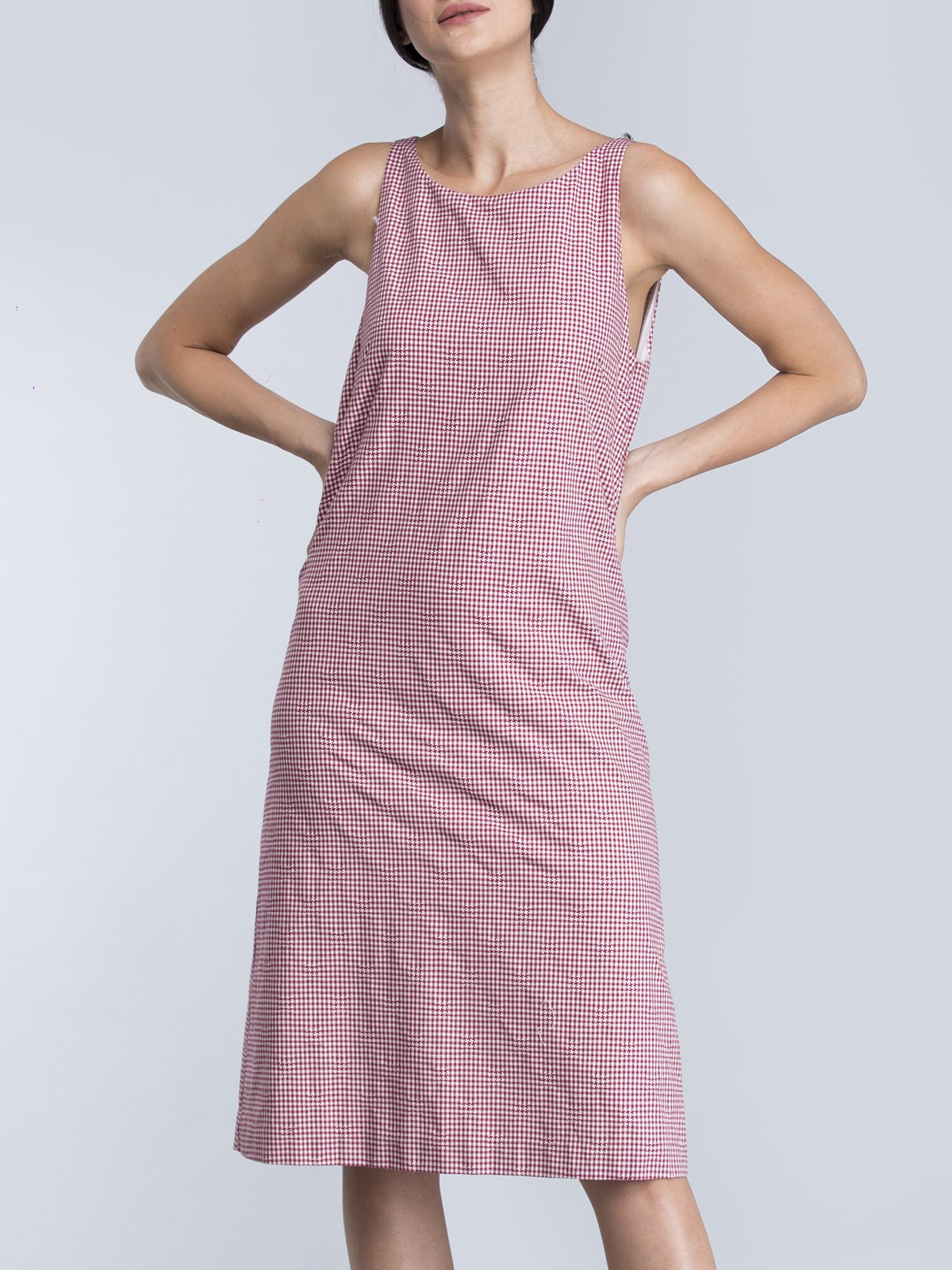 Round Neck Check A Line Dress - Red and White