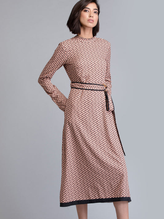 Round Neck Geometric Print Belted Dress - Brown