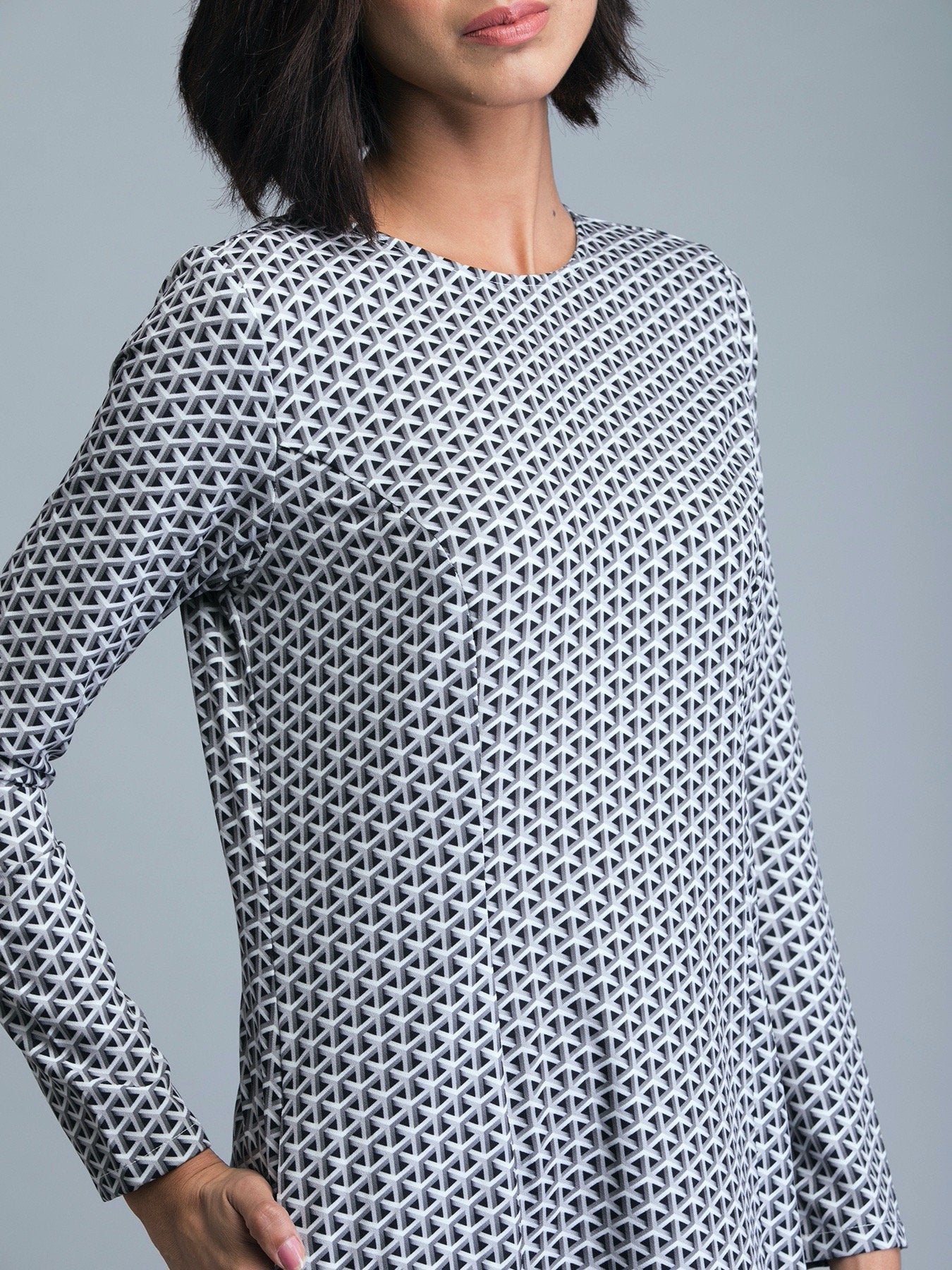 Round Neck Geometric Print Shift Dress - Grey