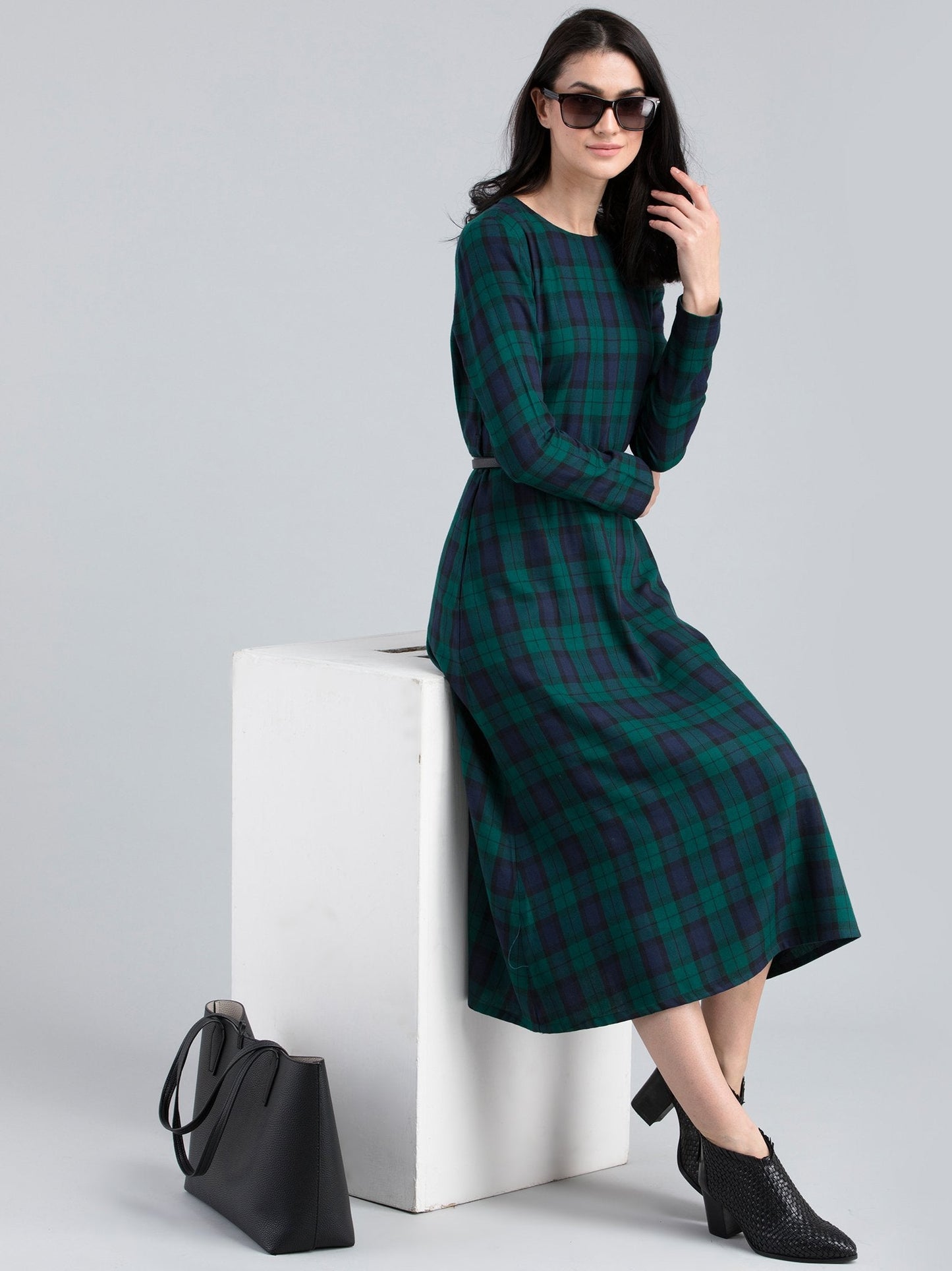 Round Neck Plaid Dress - Green and Blue