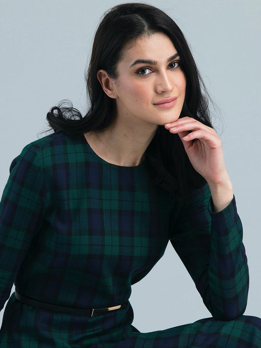 Round Neck Plaid Dress - Green and Blue