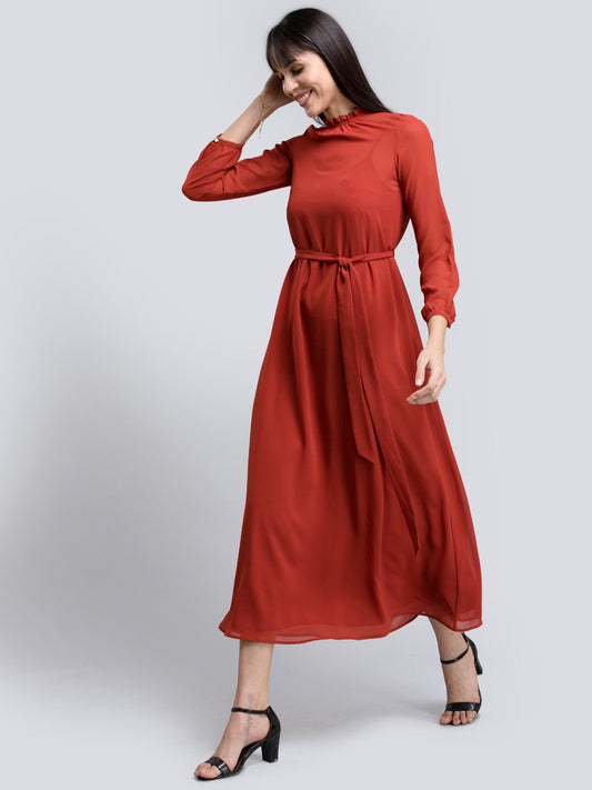 Round Neck Ruffle Detail Tie Up Dress - Rust
