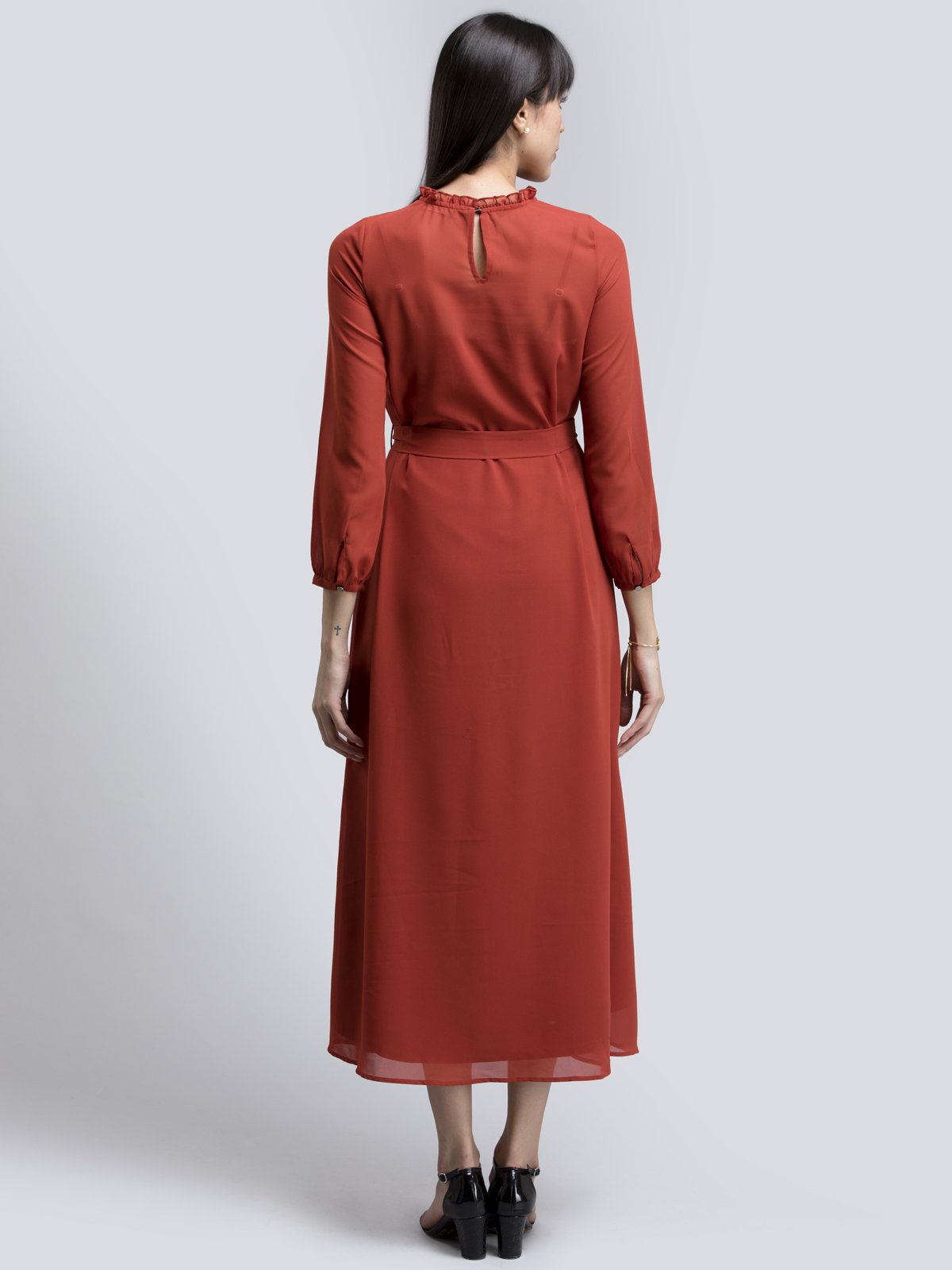 Round Neck Ruffle Detail Tie Up Dress - Rust