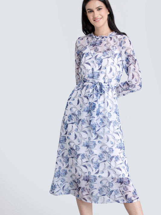 Ruffle Detail Floral Sheer Dress With Tie Up - Blue
