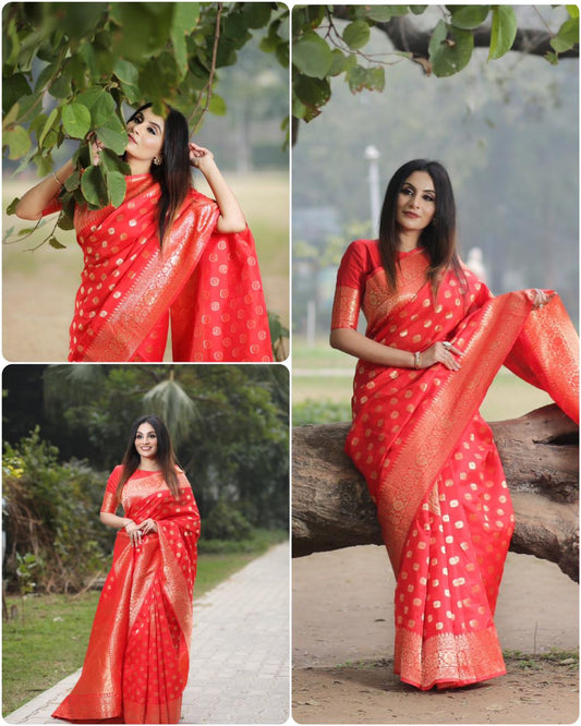 Valiba Pure Red Wedding Banarasi Silk Jacquard Saree