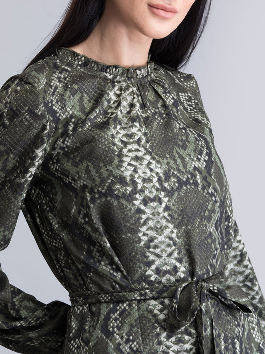 Satin Animal Print Ruffle Detail Dress - Green and Black