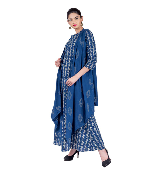 Boat Neck Flared A-Cut Gown With Waterfall Shrug