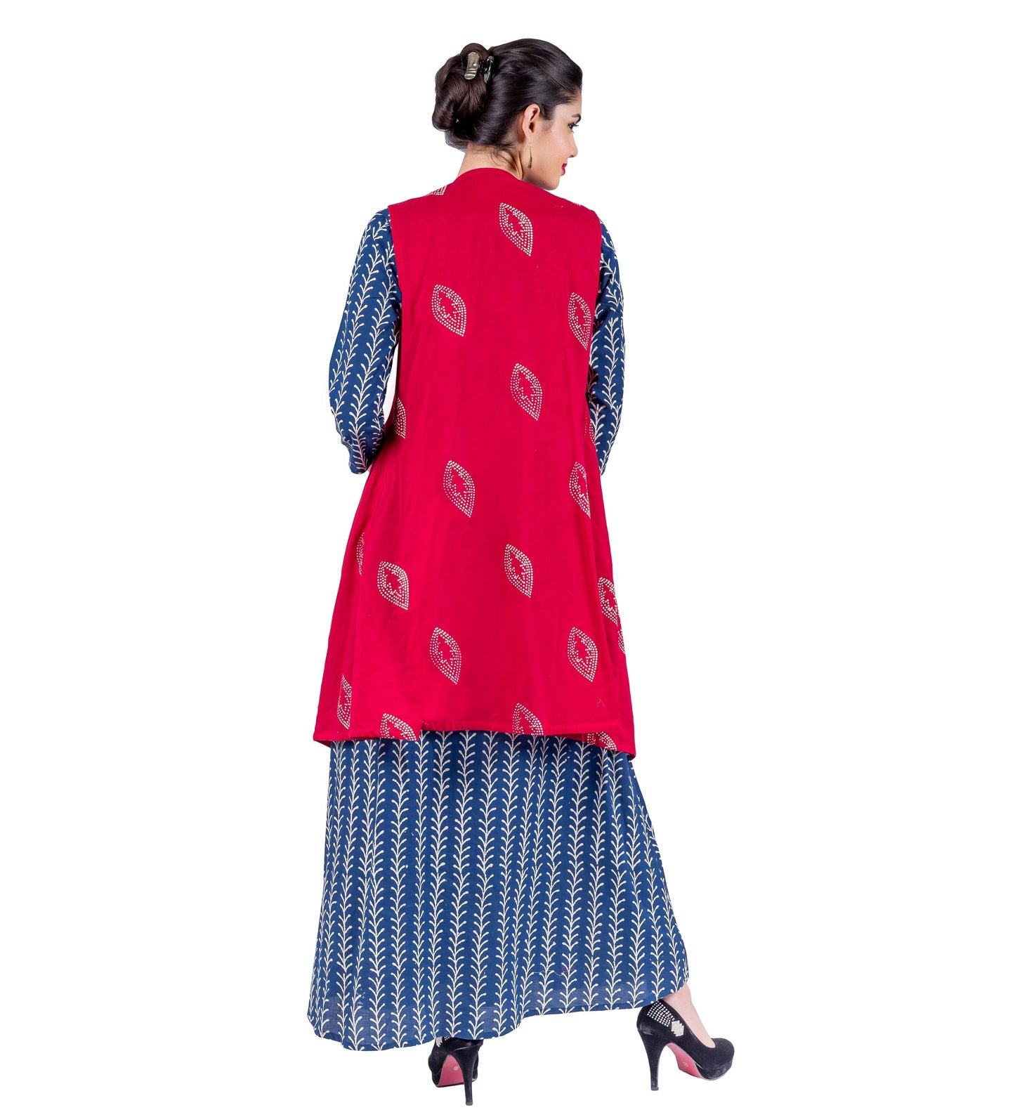 Blue Floral Striped Hand Block Print Gown with Red Shrug