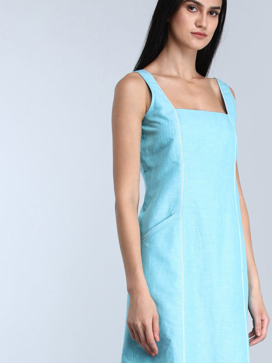 Square Neck Linen Shift Dress - Blue