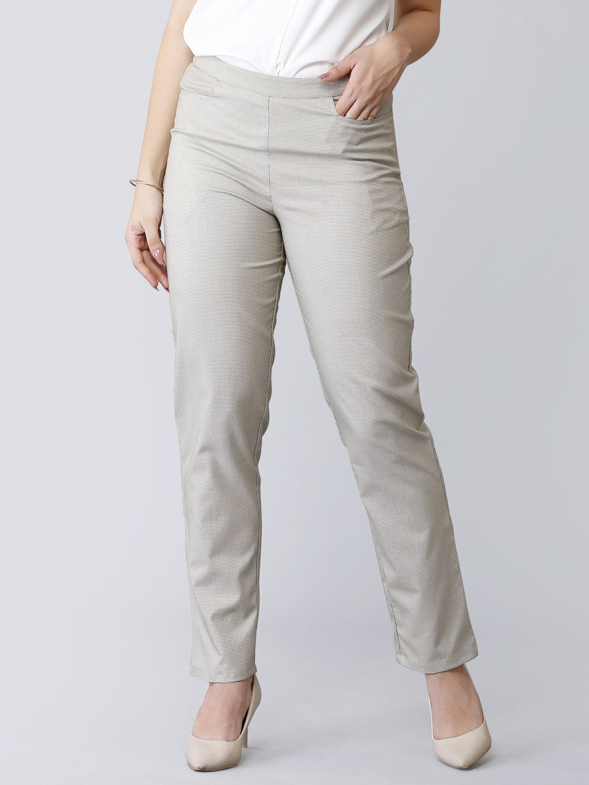 Straight Fit Houndstooth Trousers - Beige